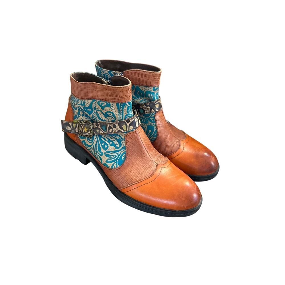 Women 39 Socofy Ankle Zip Boots Booties Leather Colorful Artistic Unique Brown